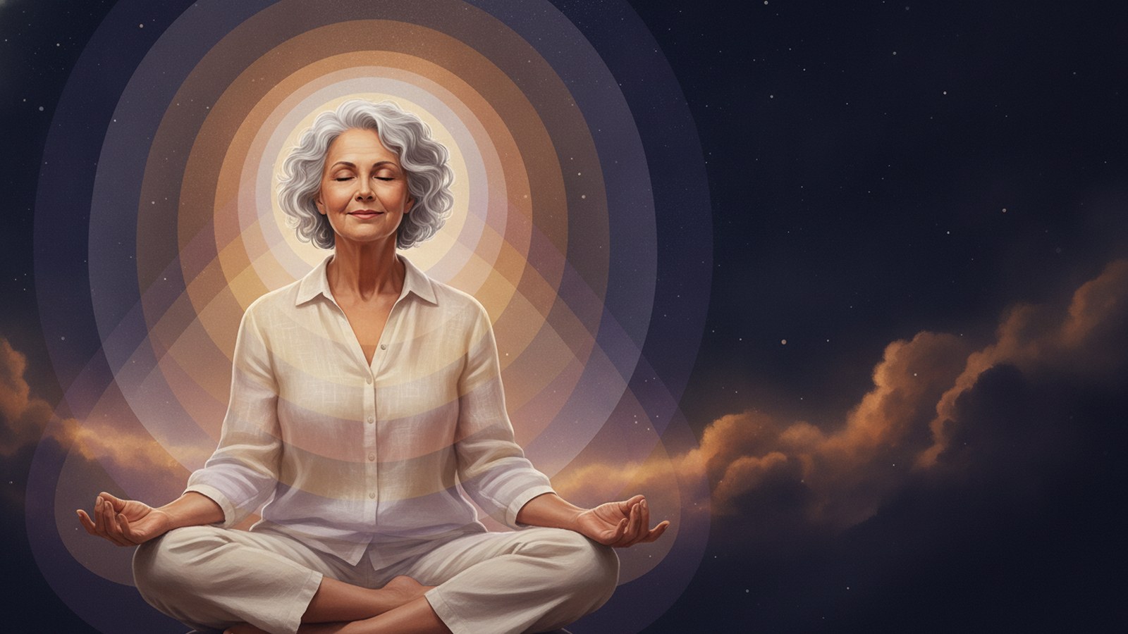 Sete corpos sutis: mulher madura de cabelos grisalhos, de olhos fechados, envolvida por camadas suaves de luz dourada e violeta