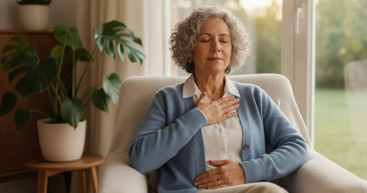 Síndrome do pânico: mulher madura respirando com calma, mão sobre o peito, perto de uma janela com luz suave