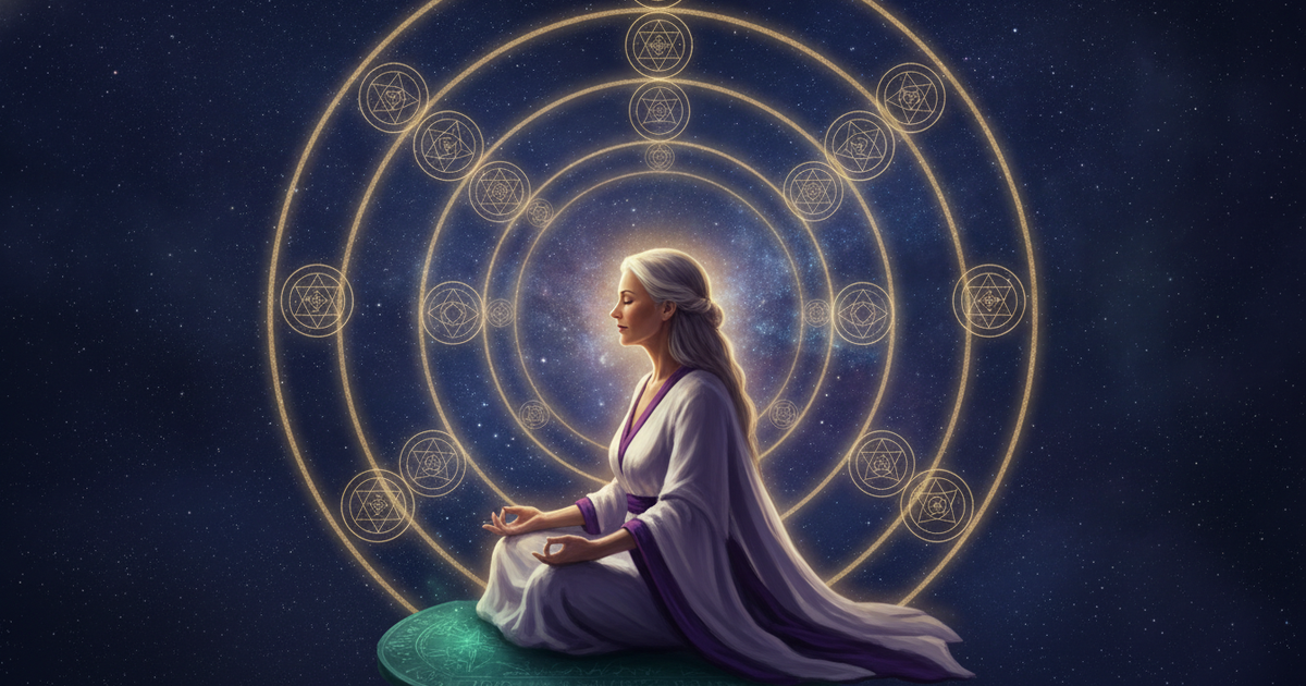 As 7 leis herméticas: mulher em meditação envolvida por sete anéis de luz dourada