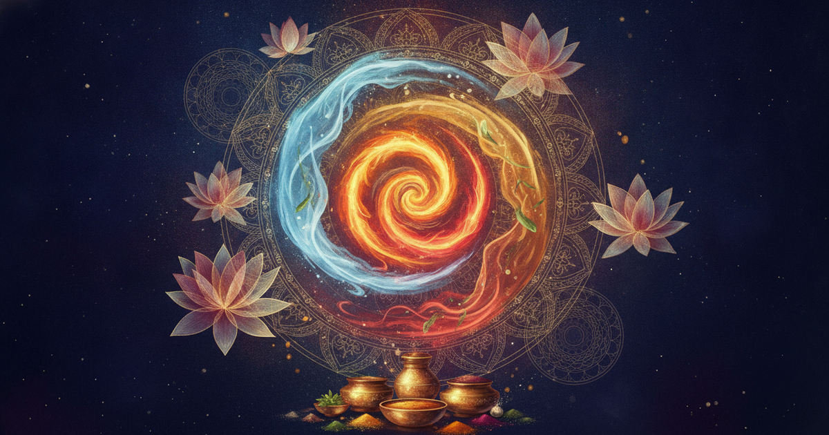 Ayurveda: ilustração cósmica dos três doshas e do equilíbrio energético do corpo e da mente