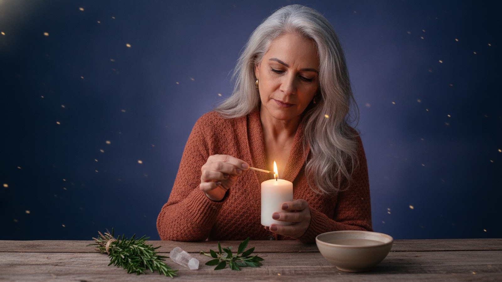 Manipulação de energia: mulher madura acendendo uma vela com intenção ao lado de ervas e cristais