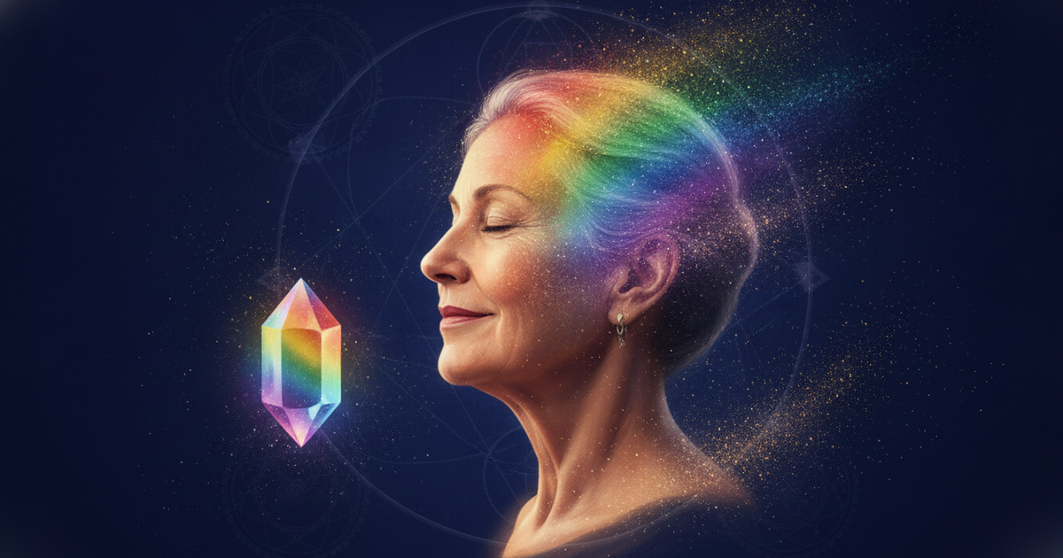 Cromoterapia: mulher serena banhada pelo espectro de cores de um prisma de cristal
