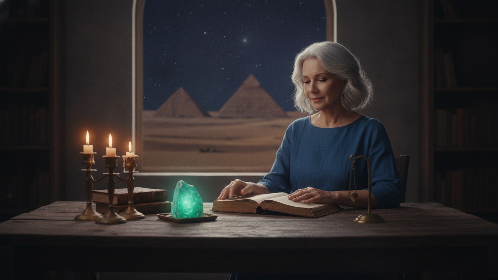 Hermes Trismegisto: mulher madura de cabelos grisalhos lê um livro antigo à luz de velas, com um cristal verde e pirâmides sob o céu estrelado