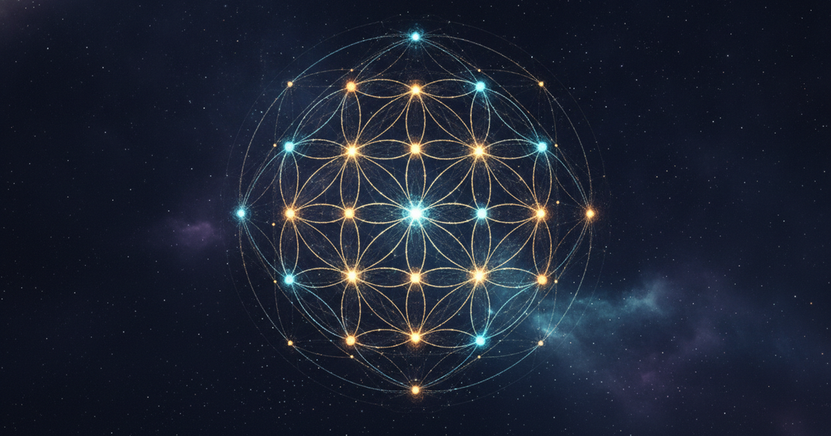 Geometria sagrada luminosa unindo ciência e espiritualidade no cosmos