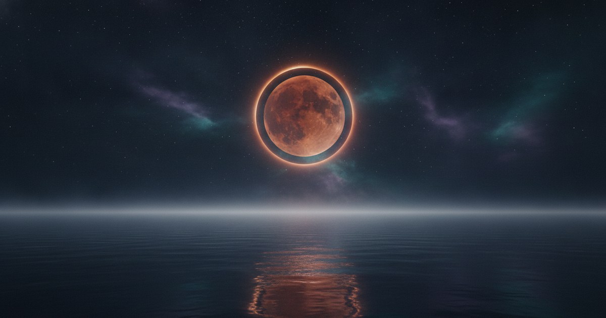 Eclipse lunar em Peixes sobre um oceano místico à noite