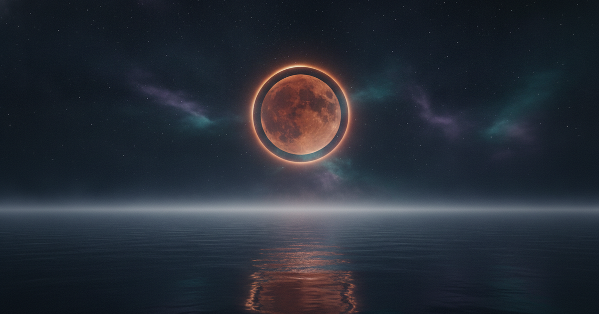 Eclipse lunar em Peixes sobre um oceano místico à noite