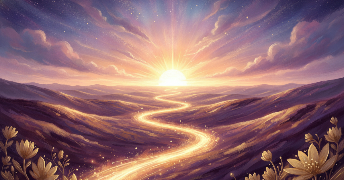 Amanhecer dourado sobre caminho de luz, símbolo do propósito de vida