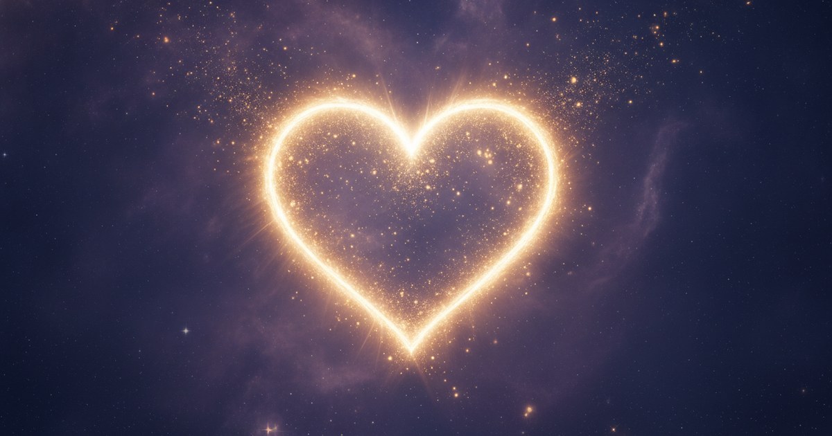 Coração de luz suave se abrindo em cenário cósmico, simbolizando o poder do perdão e a cura emocional