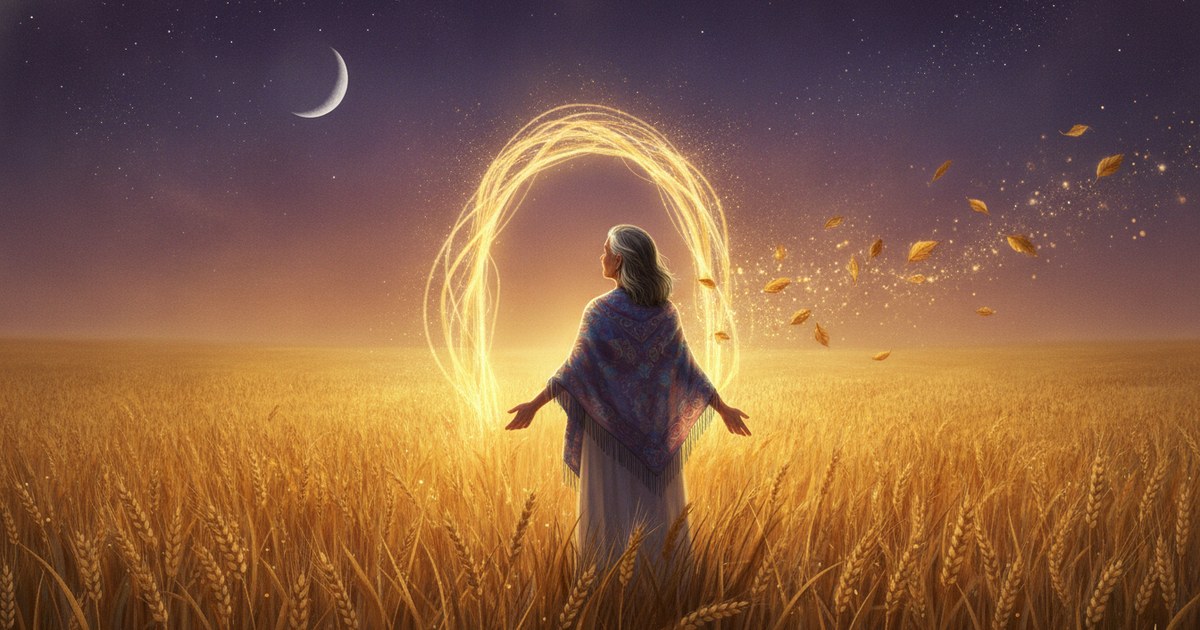 Portal 09/09: mulher madura diante de um portal de luz dourada num campo de trigo ao amanhecer