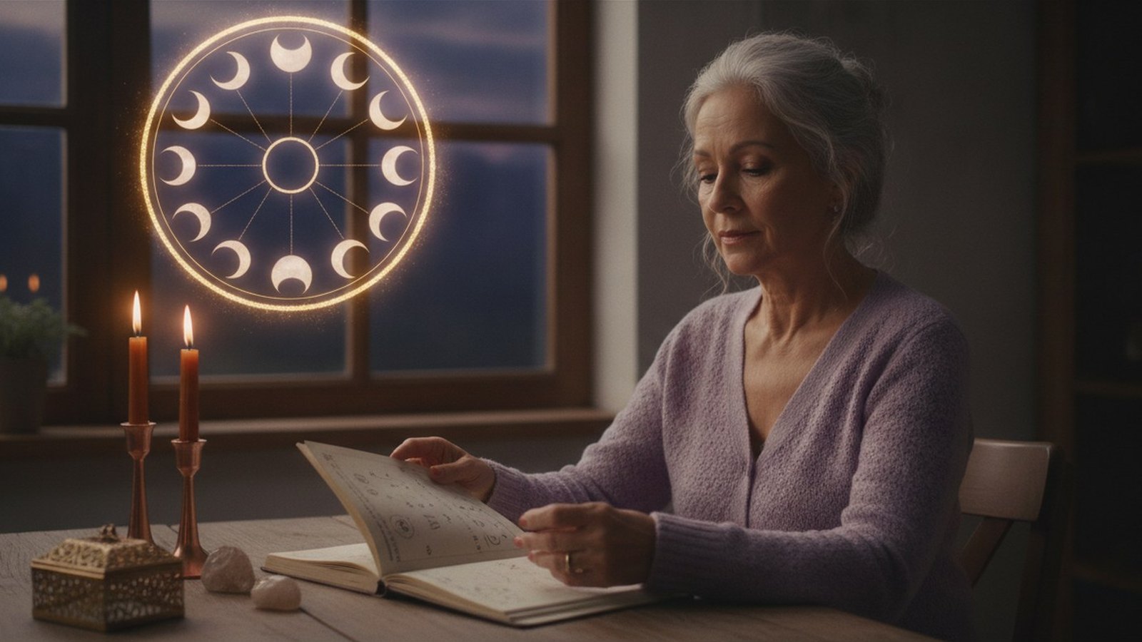 Mulher madura consultando o calendário energético 2027 com as fases da Lua