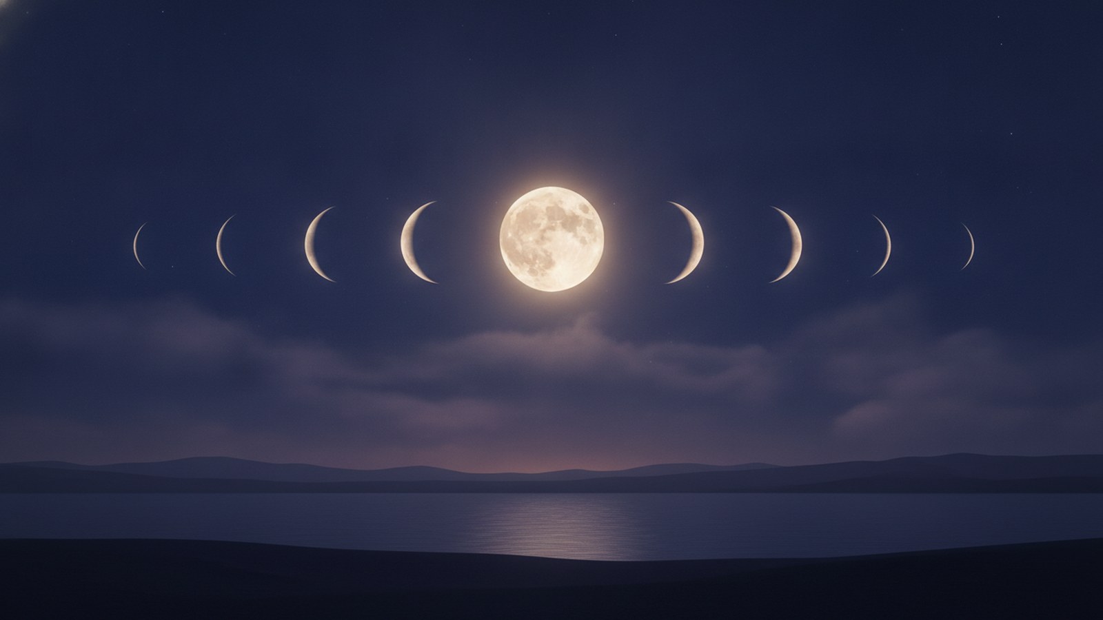 Calendário lunar: as fases da Lua em sequência sobre um céu estrelado azul-marinho