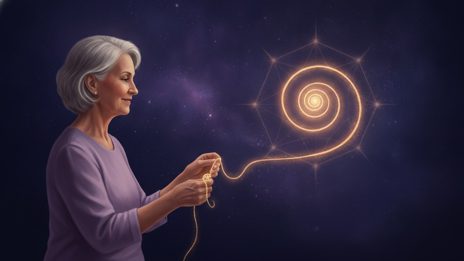 Gráfico Desembaraçador: mulher serena desatando um fio de luz dourada que vira espiral