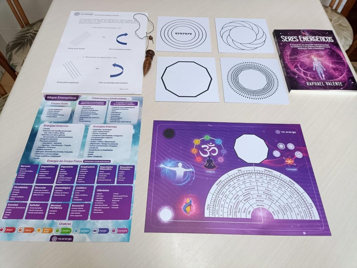 Kit de um curso de radiestesia sobre a mesa: mesa radiônica, gráficos, pêndulo e o livro Seres Energéticos