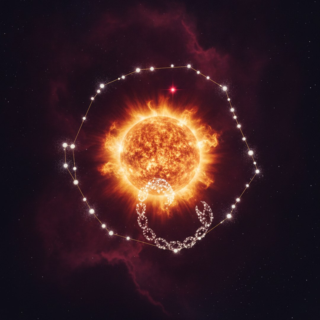 Ilustração do Sol em Escorpião com a estrela Antares brilhando em vermelho