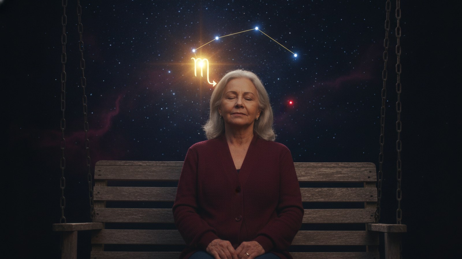 Mulher de cabelos grisalhos meditando sob o céu do Sol em Escorpião